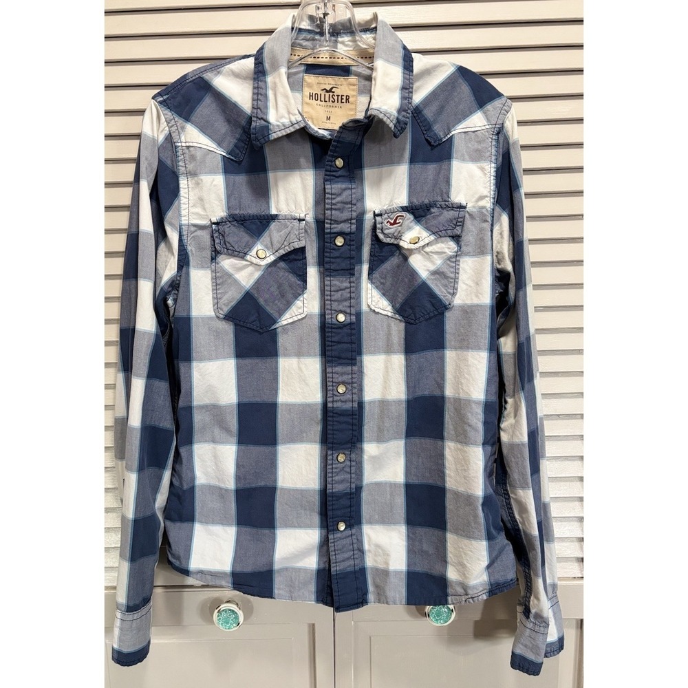 Hollister Plaid Blue/White/Black Long‎ Sleeve Button Up Shirt Size Medium Logo